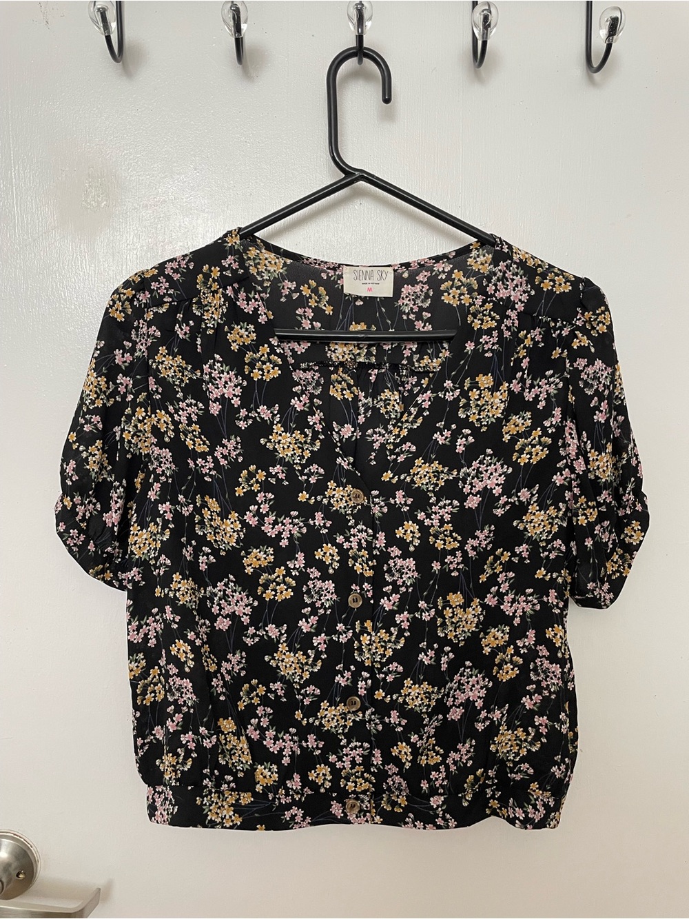 Sienna Sky Black Floral Puff-Sleeve Blouse with Pink and Mustard Accents